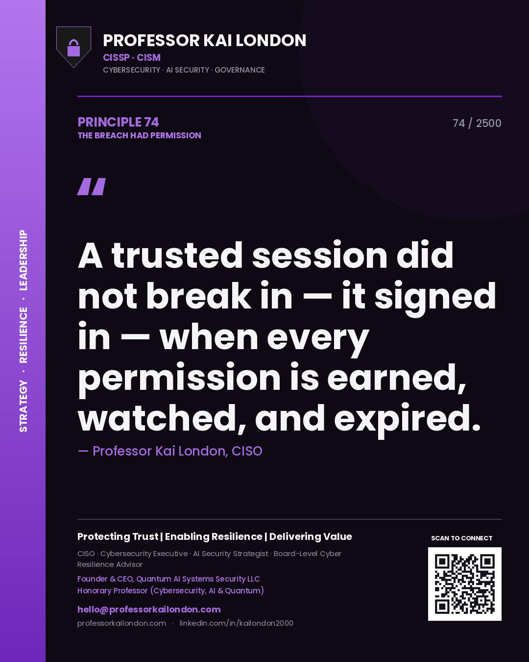 Professor Kai London principle 74: A trusted session did not break in — it signed in — when every permission is earned, watched, and expired.
