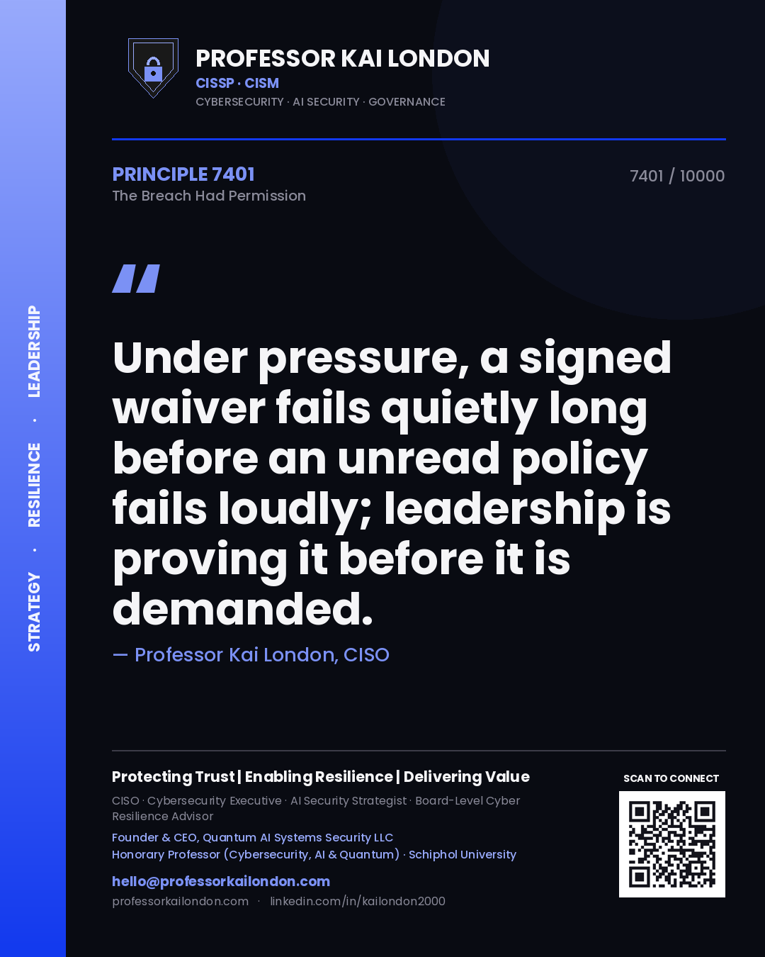 Quote card by Professor Kai London reading 'Under pressure, a signed waiver fails quietly long before an unread policy fails loudly; leadership is proving it before it is demanded.'. From the book The Breach Had Permission.
