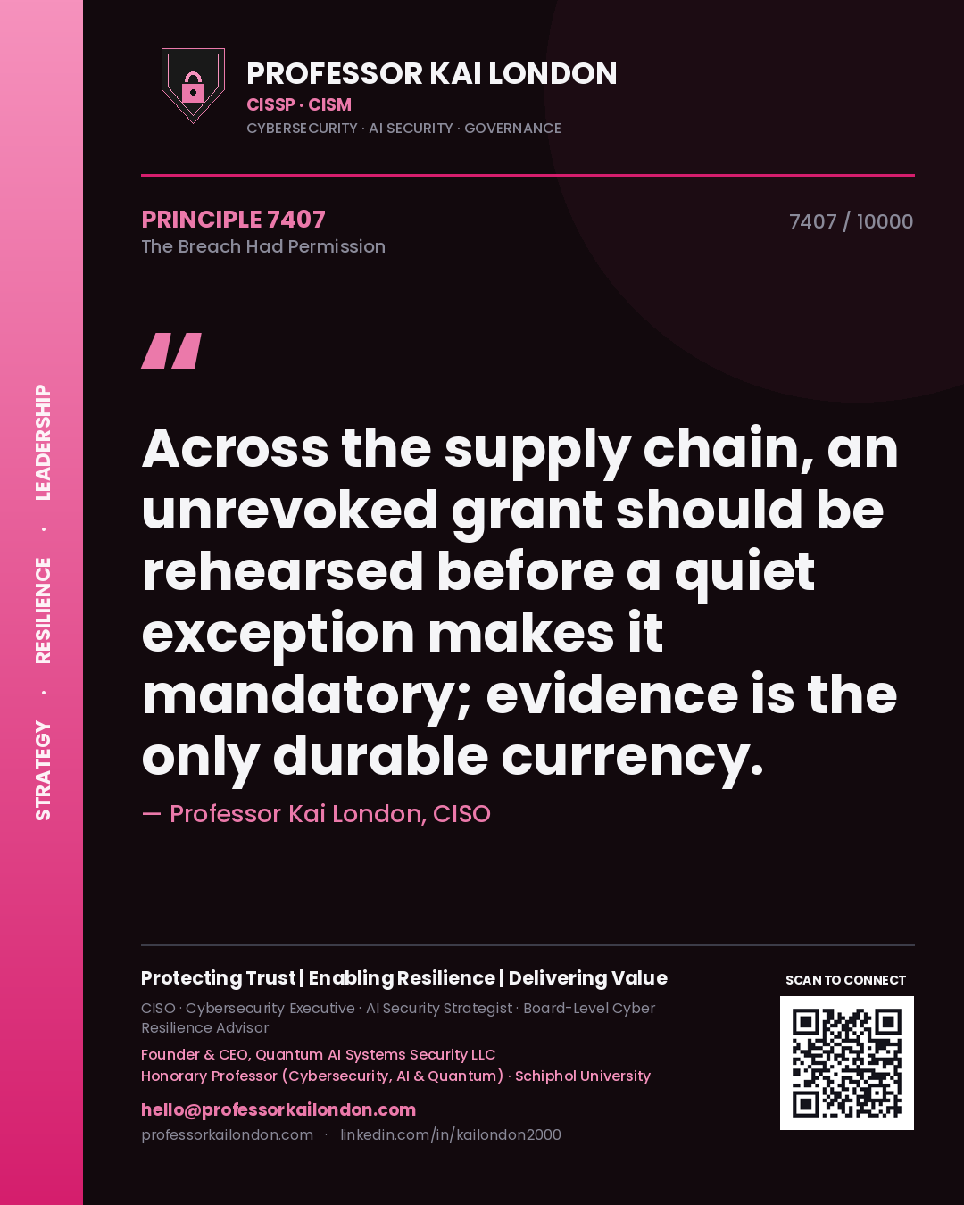 Quote card by Professor Kai London reading 'Across the supply chain, an unrevoked grant should be rehearsed before a quiet exception makes it mandatory; evidence is the only durable currency.'. From the book The Breach Had Permission.