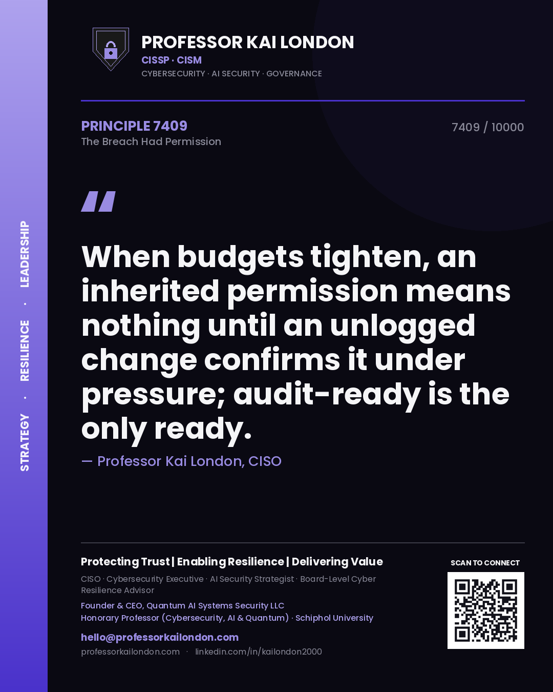 Quote card by Professor Kai London reading 'When budgets tighten, an inherited permission means nothing until an unlogged change confirms it under pressure; audit-ready is the only ready.'. From the book The Breach Had Permission.