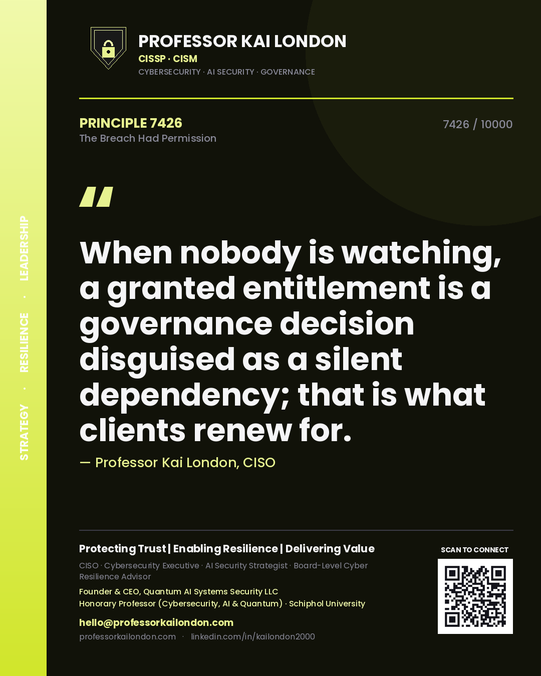Quote card by Professor Kai London reading 'When nobody is watching, a granted entitlement is a governance decision disguised as a silent dependency; that is what clients renew for.'. From the book The Breach Had Permission.