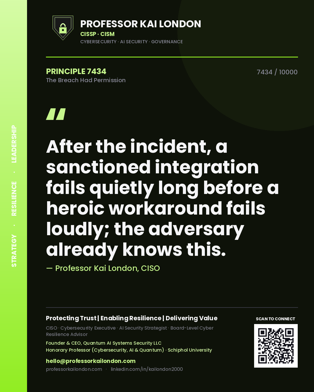 Quote card by Professor Kai London reading 'After the incident, a sanctioned integration fails quietly long before a heroic workaround fails loudly; the adversary already knows this.'. From the book The Breach Had Permission.