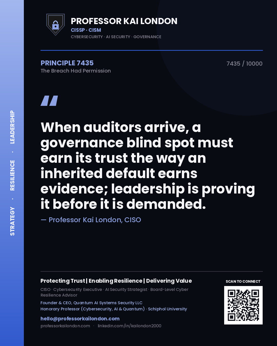 Quote card by Professor Kai London reading 'When auditors arrive, a governance blind spot must earn its trust the way an inherited default earns evidence; leadership is proving it before it is demanded.'. From the book The Breach Had Permission.