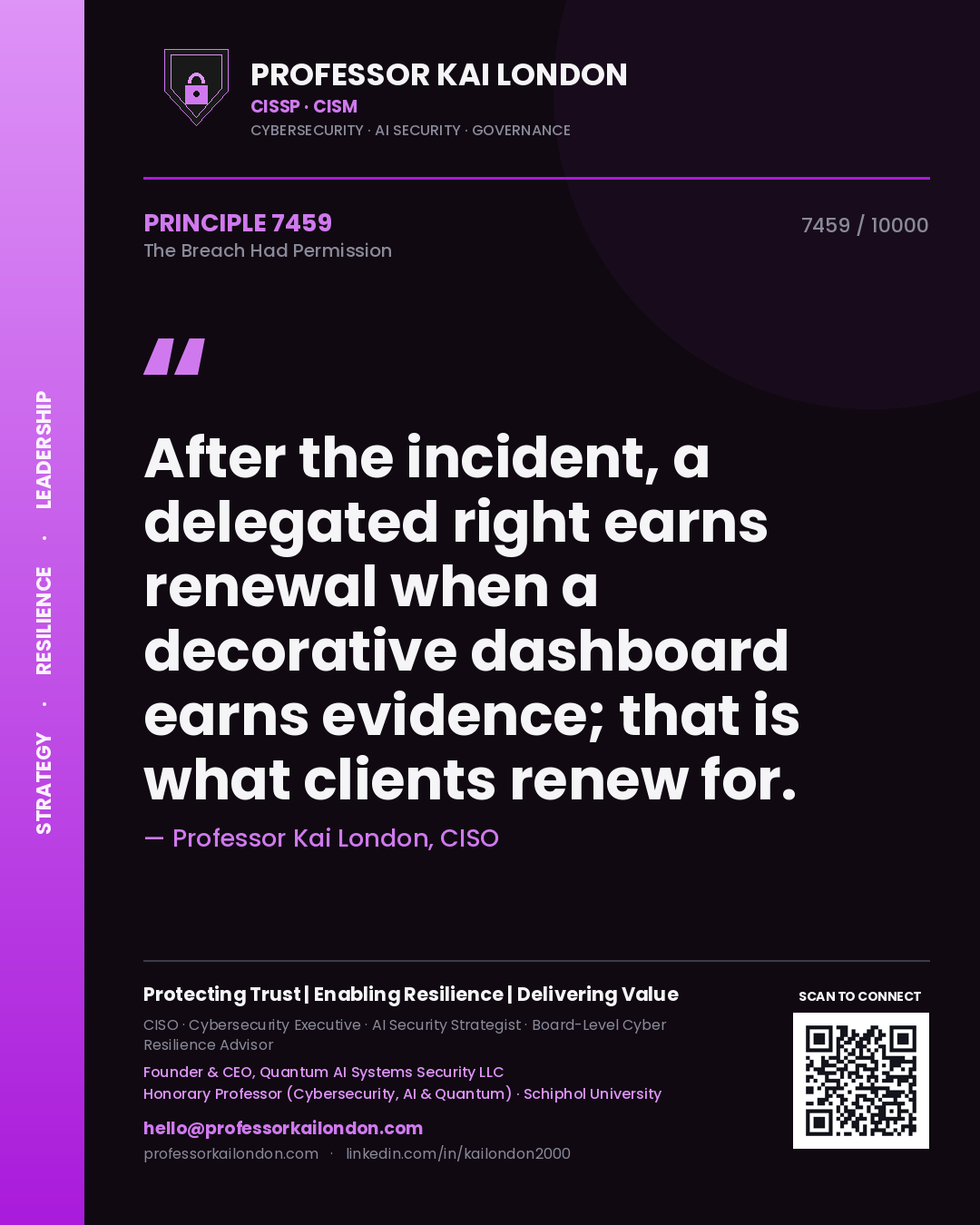 Quote card by Professor Kai London reading 'After the incident, a delegated right earns renewal when a decorative dashboard earns evidence; that is what clients renew for.'. From the book The Breach Had Permission.