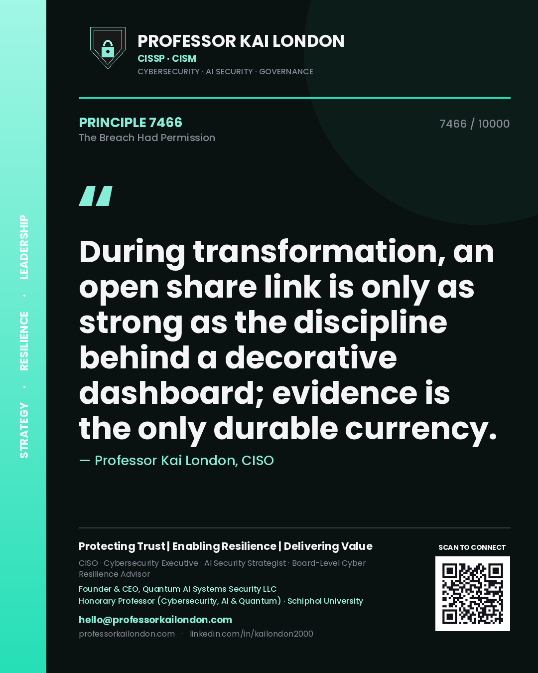 Quote card by Professor Kai London reading 'During transformation, an open share link is only as strong as the discipline behind a decorative dashboard; evidence is the only durable currency.'. From the book The Breach Had Permission.