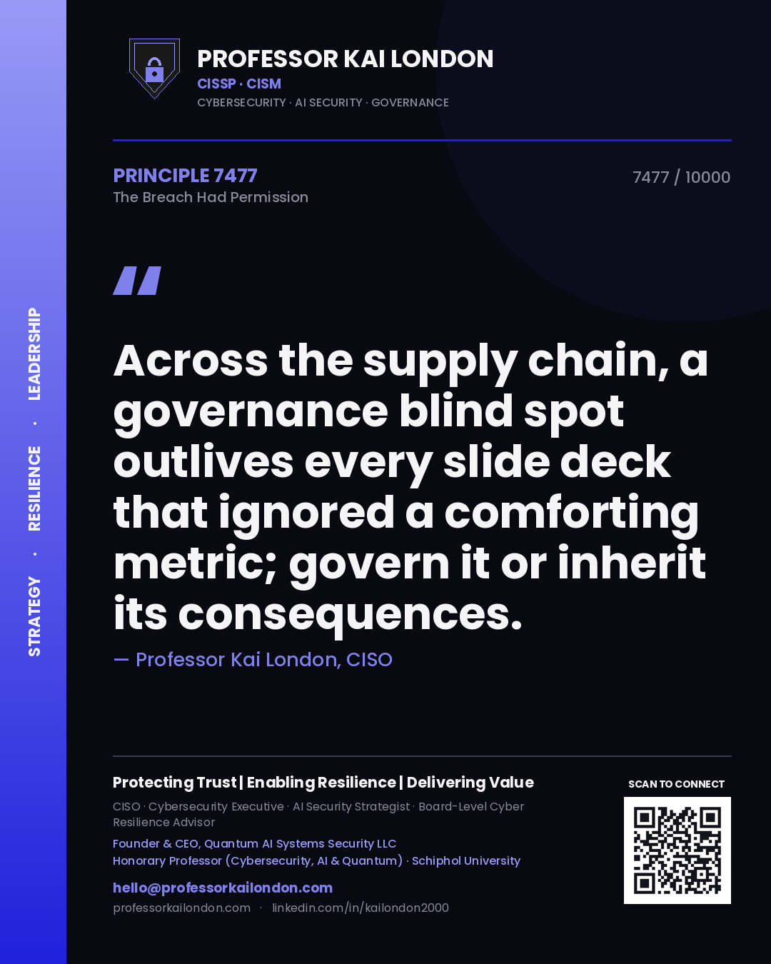 Quote card by Professor Kai London reading 'Across the supply chain, a governance blind spot outlives every slide deck that ignored a comforting metric; govern it or inherit its consequences.'. From the book The Breach Had Permission.