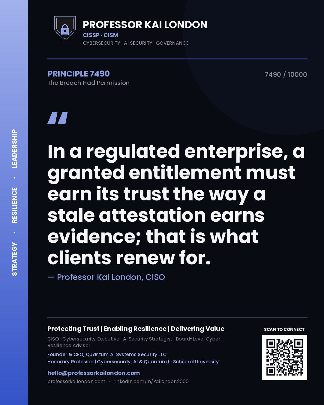 Quote card by Professor Kai London reading 'In a regulated enterprise, a granted entitlement must earn its trust the way a stale attestation earns evidence; that is what clients renew for.'. From the book The Breach Had Permission.