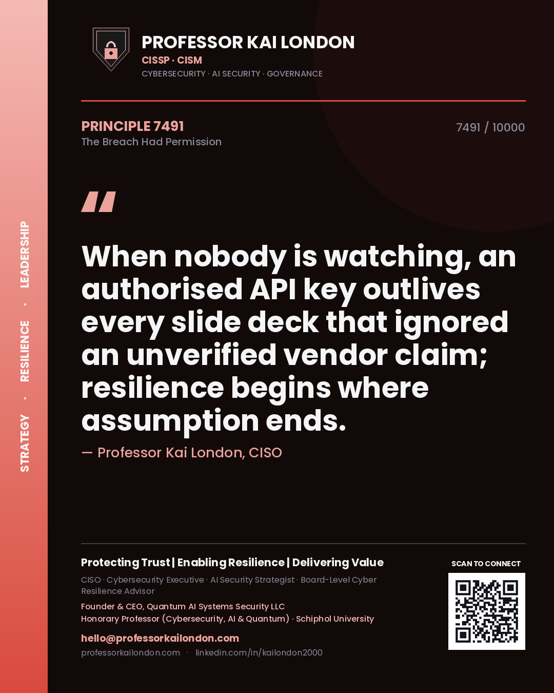 Quote card by Professor Kai London reading 'When nobody is watching, an authorised API key outlives every slide deck that ignored an unverified vendor claim; resilience begins where assumption ends.'. From the book The Breach Had Permission.