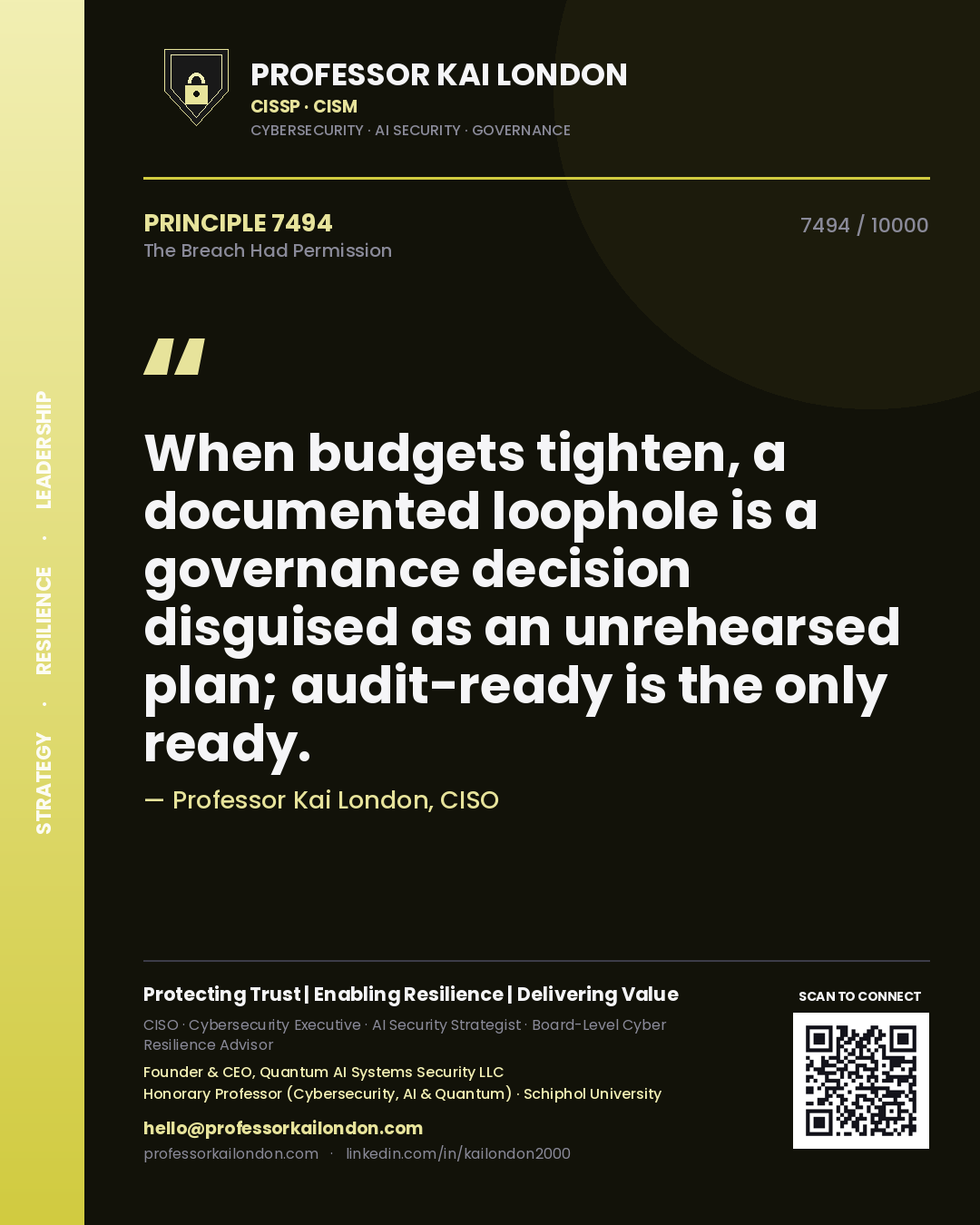 Quote card by Professor Kai London reading 'When budgets tighten, a documented loophole is a governance decision disguised as an unrehearsed plan; audit-ready is the only ready.'. From the book The Breach Had Permission.
