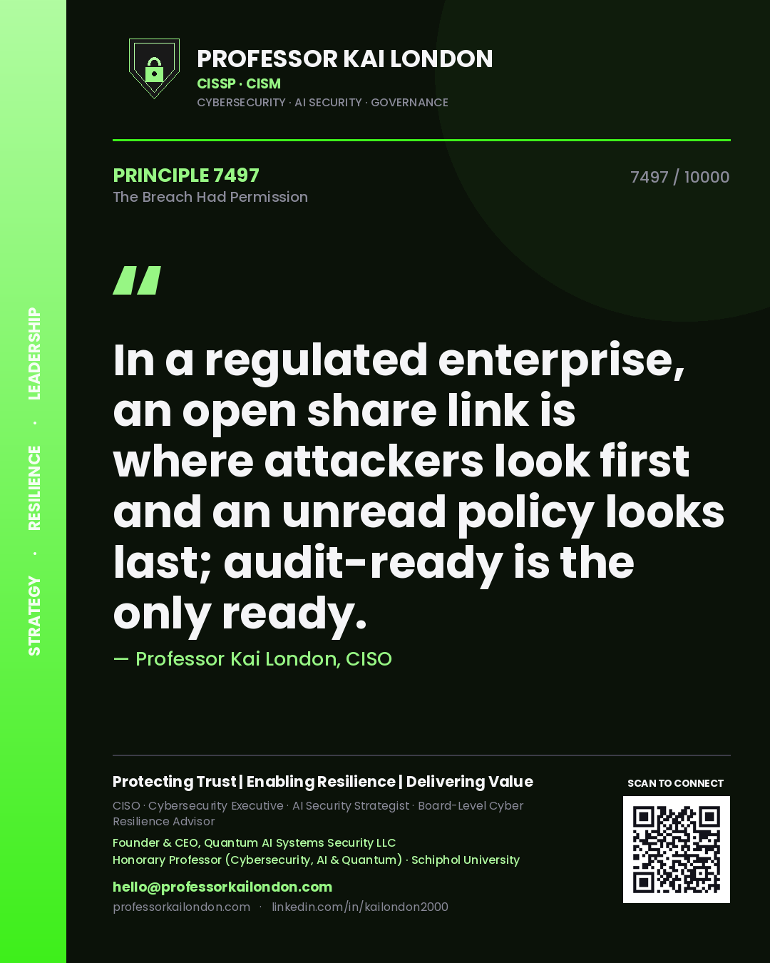 Professor Kai London principle 7497: In a regulated enterprise, an open share link is where attackers look first and an unread policy looks last; audit-ready is the only ready.