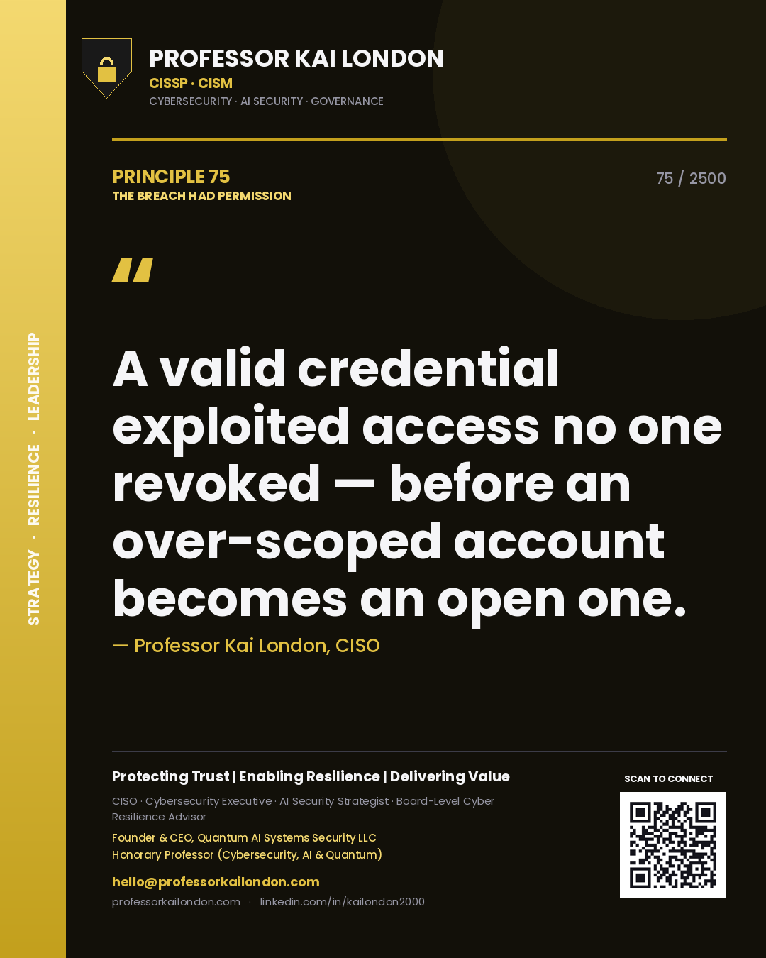 Professor Kai London principle 75: A valid credential exploited access no one revoked — before an over-scoped account becomes an open one.