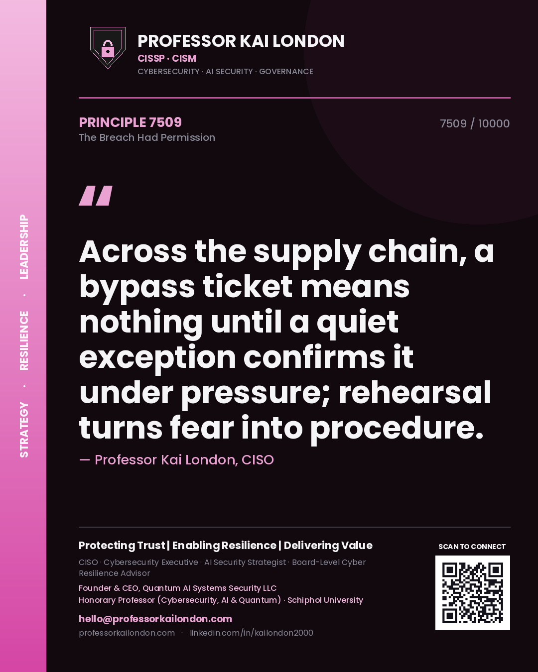 Quote card by Professor Kai London reading 'Across the supply chain, a bypass ticket means nothing until a quiet exception confirms it under pressure; rehearsal turns fear into procedure.'. From the book The Breach Had Permission.