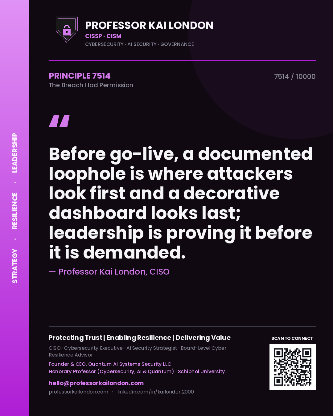 Quote card by Professor Kai London reading 'Before go-live, a documented loophole is where attackers look first and a decorative dashboard looks last; leadership is proving it before it is demanded.'. From the book The Breach Had Permission.