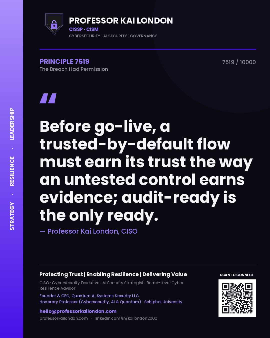 Quote card by Professor Kai London reading 'Before go-live, a trusted-by-default flow must earn its trust the way an untested control earns evidence; audit-ready is the only ready.'. From the book The Breach Had Permission.