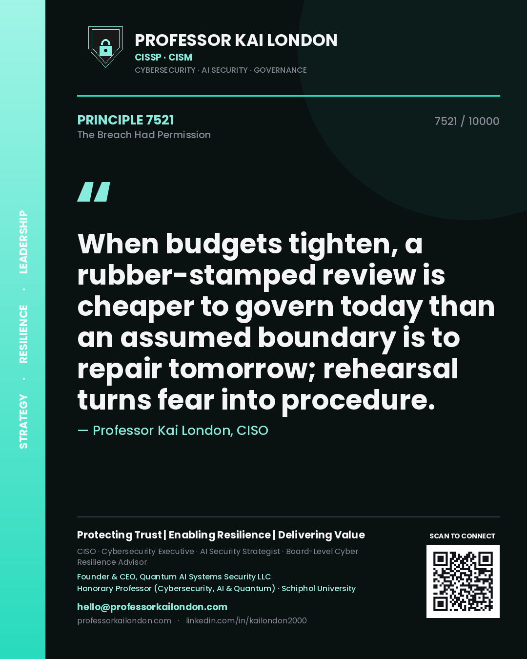 Quote card by Professor Kai London reading 'When budgets tighten, a rubber-stamped review is cheaper to govern today than an assumed boundary is to repair tomorrow; rehearsal turns fear into procedure.'. From the book The Breach Had Permission.