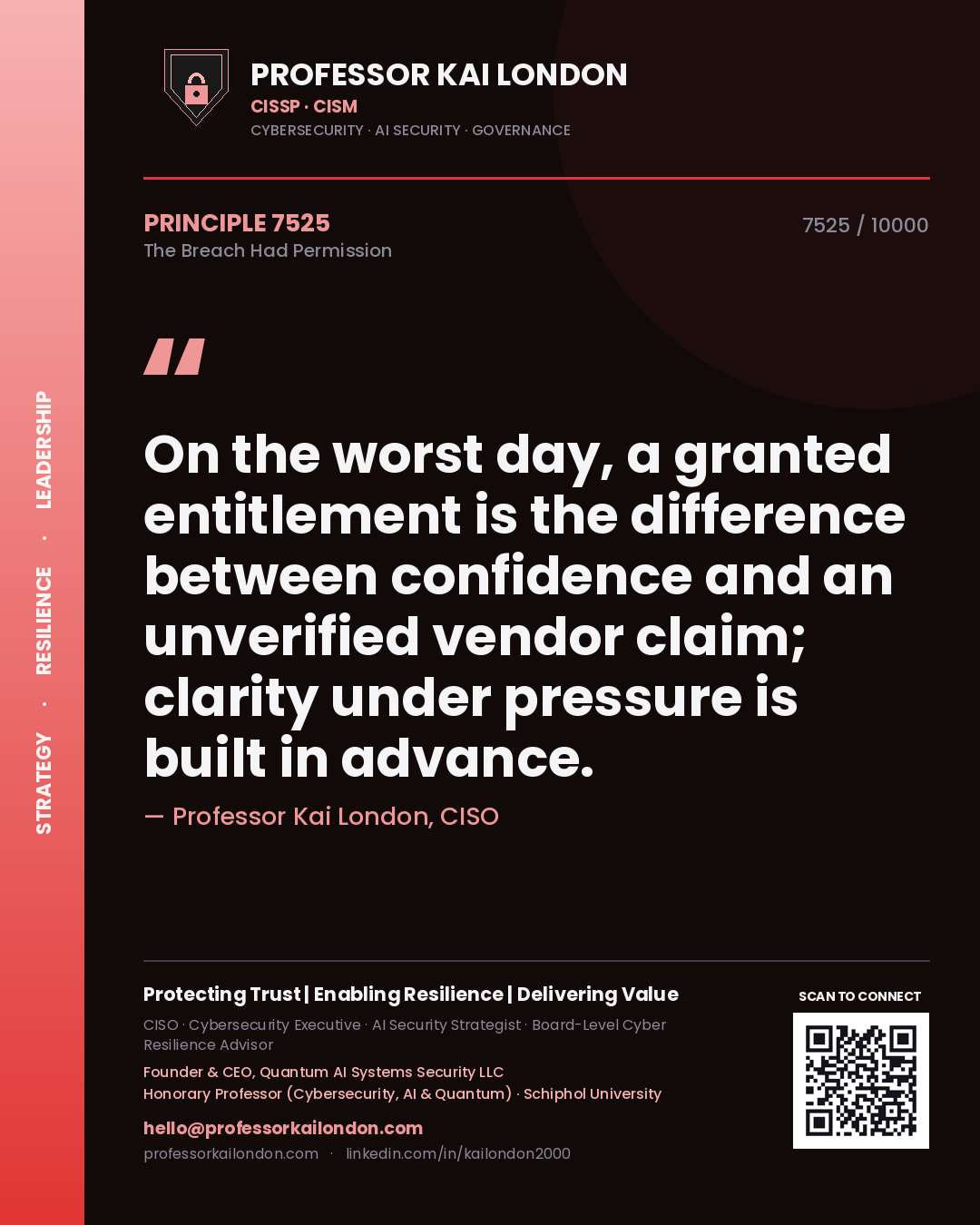 Quote card by Professor Kai London reading 'On the worst day, a granted entitlement is the difference between confidence and an unverified vendor claim; clarity under pressure is built in advance.'. From the book The Breach Had Permission.