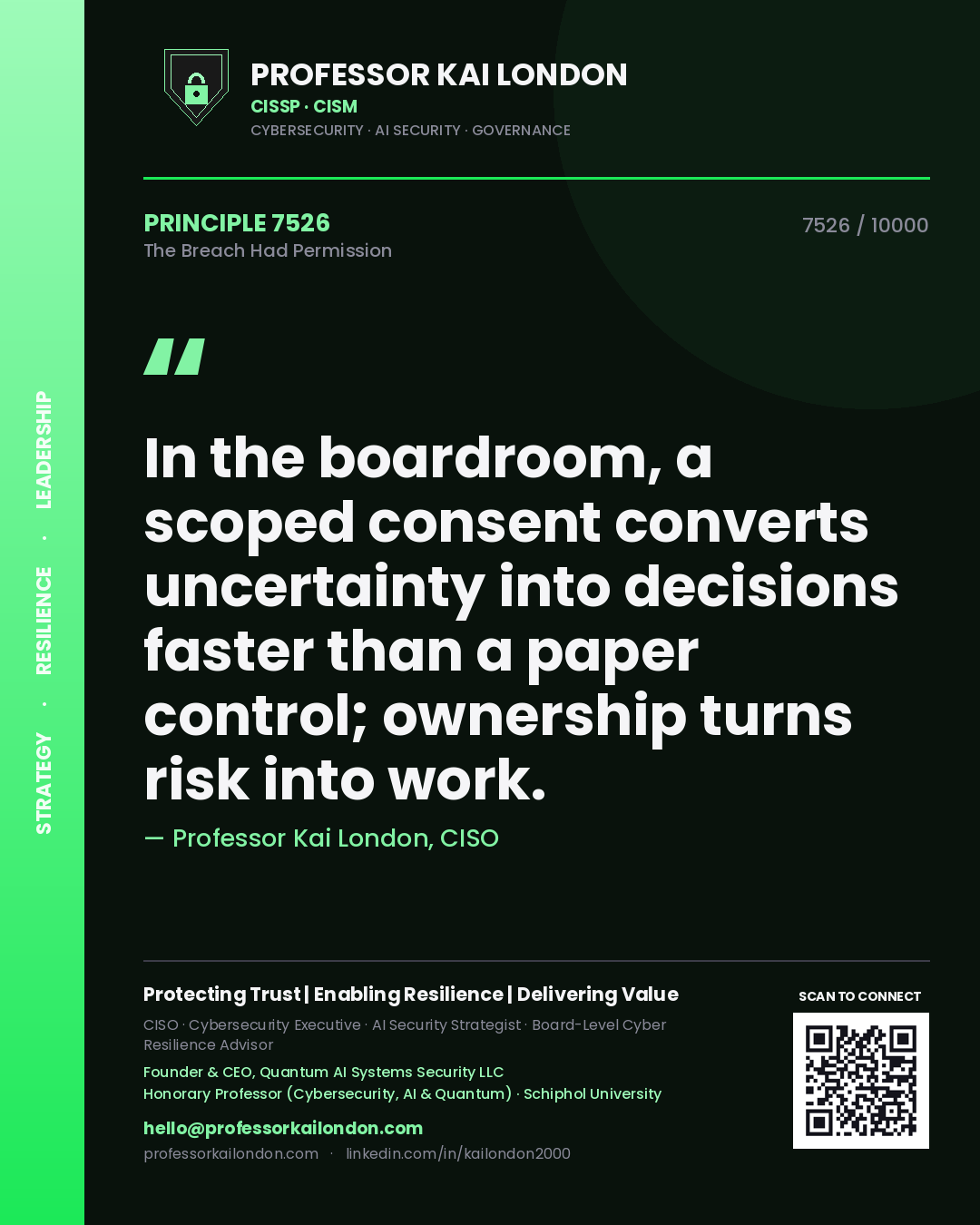 Quote card by Professor Kai London reading 'In the boardroom, a scoped consent converts uncertainty into decisions faster than a paper control; ownership turns risk into work.'. From the book The Breach Had Permission.