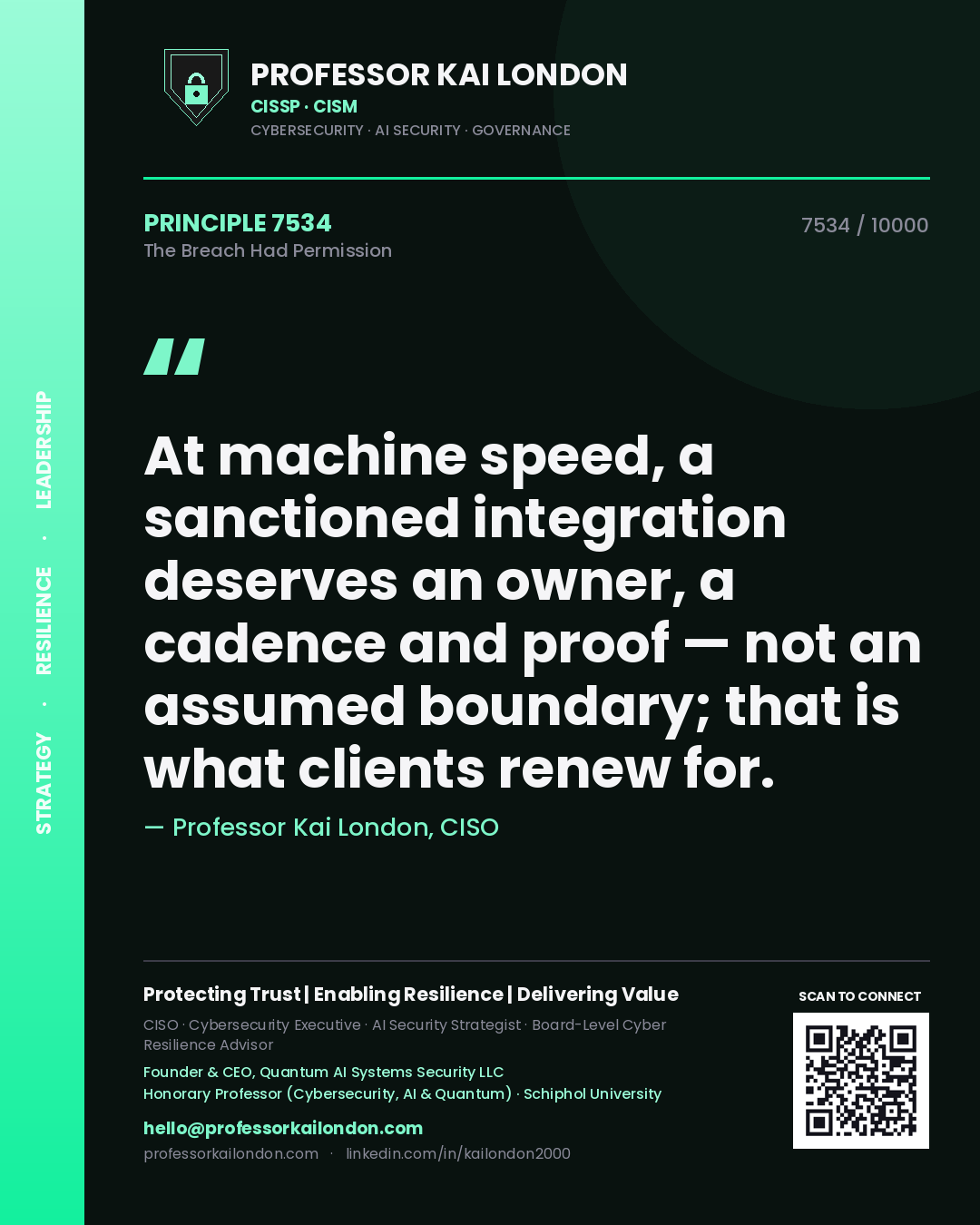 Quote card by Professor Kai London reading 'At machine speed, a sanctioned integration deserves an owner, a cadence and proof — not an assumed boundary; that is what clients renew for.'. From the book The Breach Had Permission.
