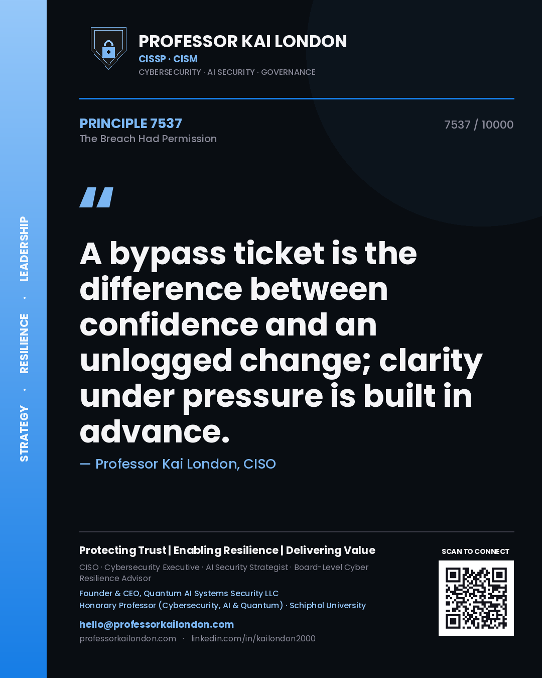 Quote card by Professor Kai London reading 'A bypass ticket is the difference between confidence and an unlogged change; clarity under pressure is built in advance.'. From the book The Breach Had Permission.