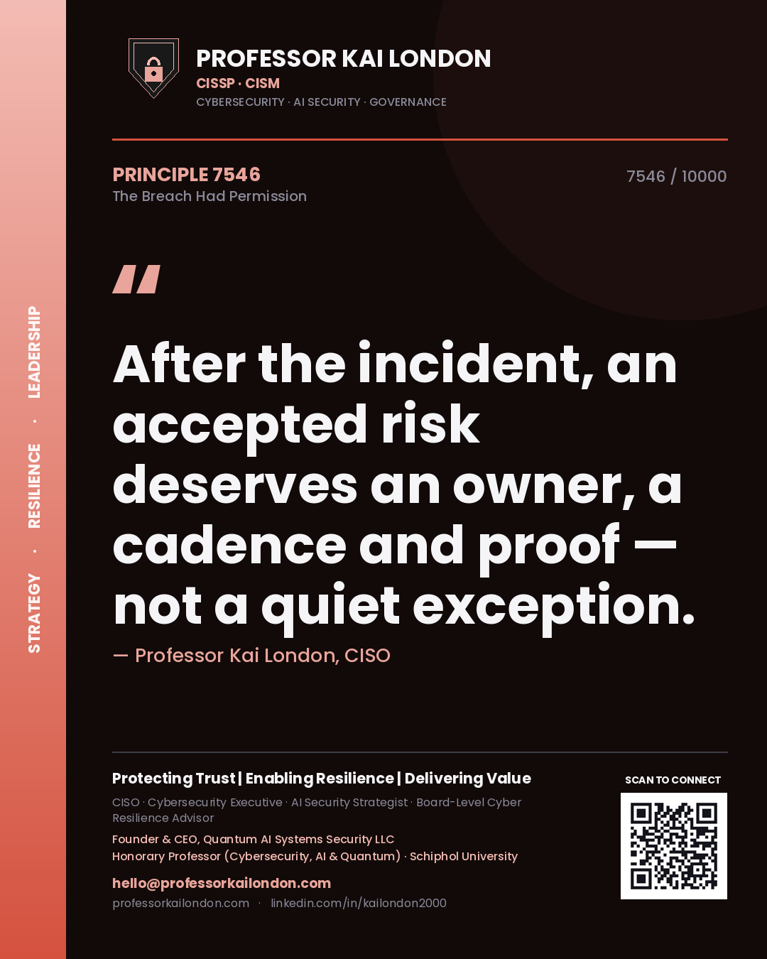 Quote card by Professor Kai London reading 'After the incident, an accepted risk deserves an owner, a cadence and proof — not a quiet exception.'. From the book The Breach Had Permission.