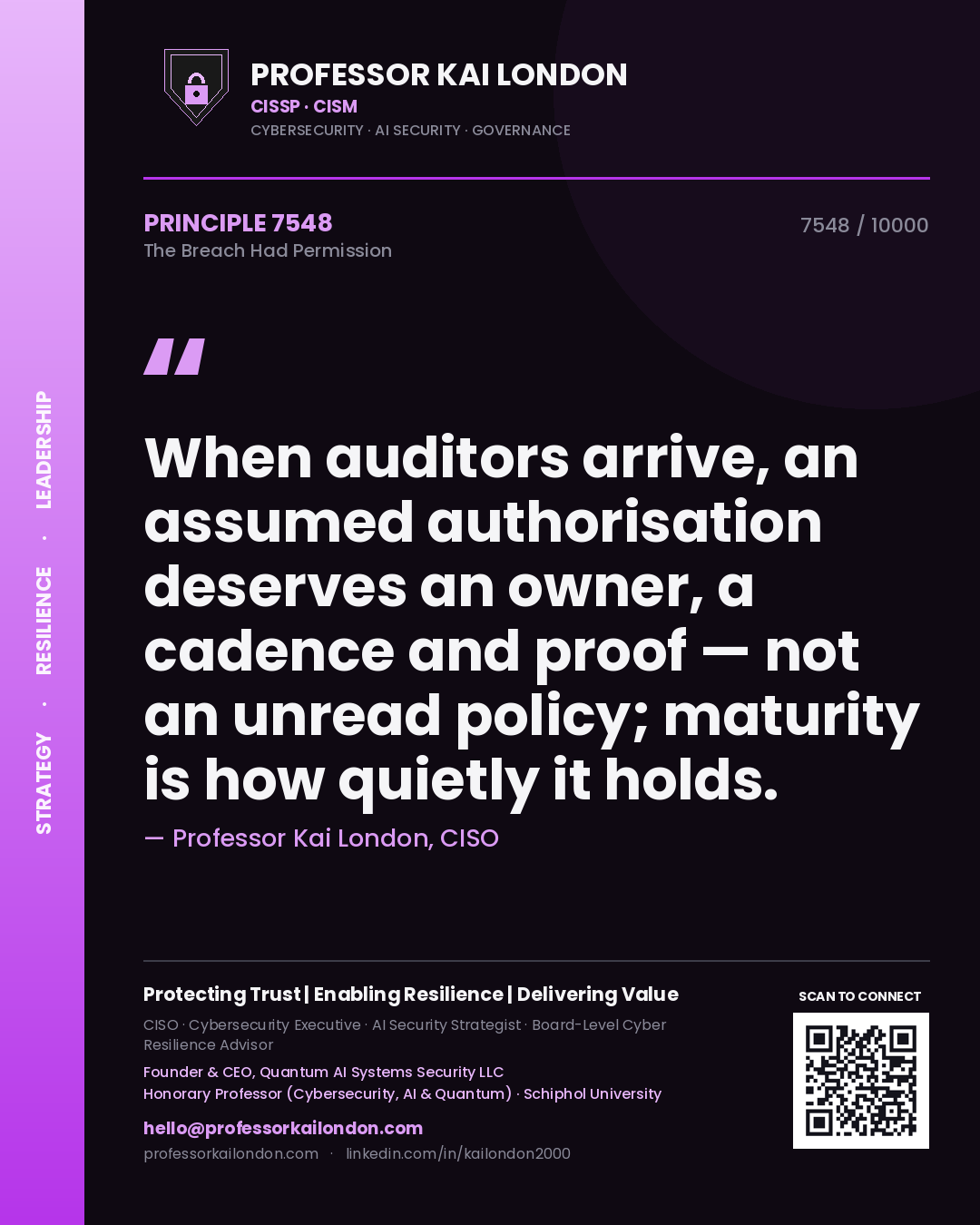 Quote card by Professor Kai London reading 'When auditors arrive, an assumed authorisation deserves an owner, a cadence and proof — not an unread policy; maturity is how quietly it holds.'. From the book The Breach Had Permission.