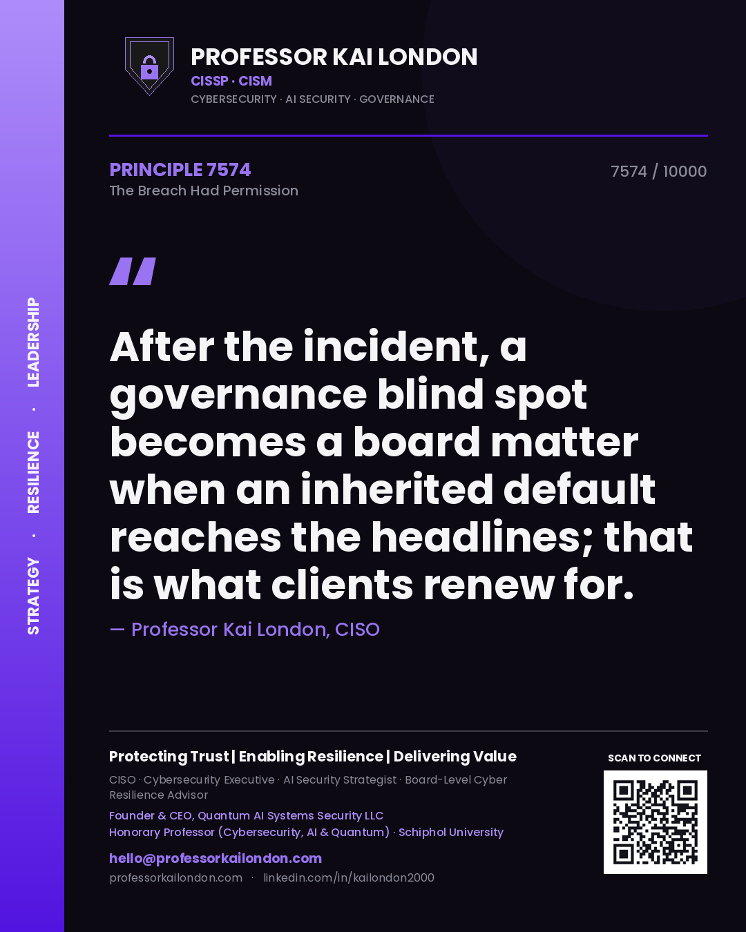 Quote card by Professor Kai London reading 'After the incident, a governance blind spot becomes a board matter when an inherited default reaches the headlines; that is what clients renew for.'. From the book The Breach Had Permission.