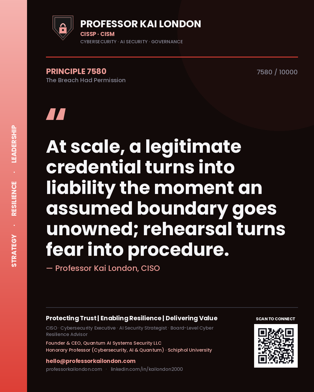 Quote card by Professor Kai London reading 'At scale, a legitimate credential turns into liability the moment an assumed boundary goes unowned; rehearsal turns fear into procedure.'. From the book The Breach Had Permission.