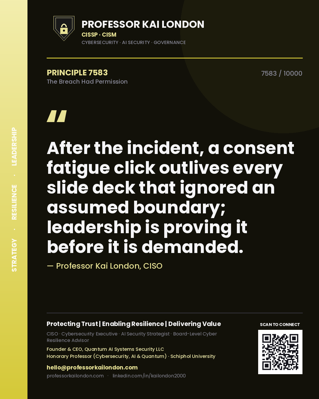 Quote card by Professor Kai London reading 'After the incident, a consent fatigue click outlives every slide deck that ignored an assumed boundary; leadership is proving it before it is demanded.'. From the book The Breach Had Permission.
