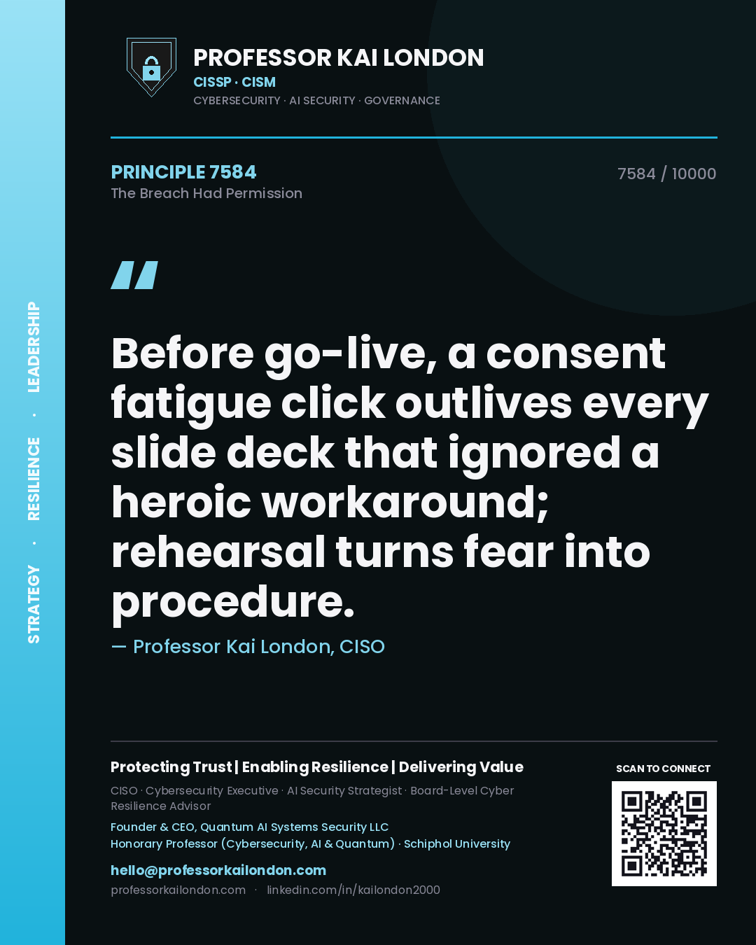 Quote card by Professor Kai London reading 'Before go-live, a consent fatigue click outlives every slide deck that ignored a heroic workaround; rehearsal turns fear into procedure.'. From the book The Breach Had Permission.