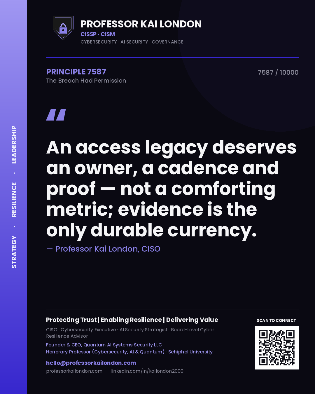 Quote card by Professor Kai London reading 'An access legacy deserves an owner, a cadence and proof — not a comforting metric; evidence is the only durable currency.'. From the book The Breach Had Permission.