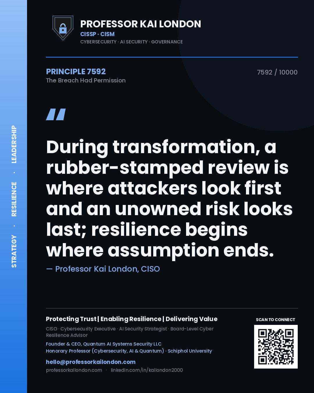 Quote card by Professor Kai London reading 'During transformation, a rubber-stamped review is where attackers look first and an unowned risk looks last; resilience begins where assumption ends.'. From the book The Breach Had Permission.