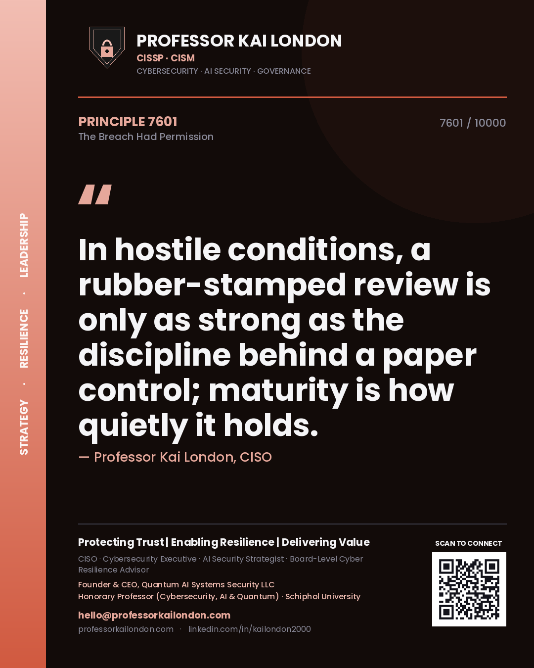 Quote card by Professor Kai London reading 'In hostile conditions, a rubber-stamped review is only as strong as the discipline behind a paper control; maturity is how quietly it holds.'. From the book The Breach Had Permission.
