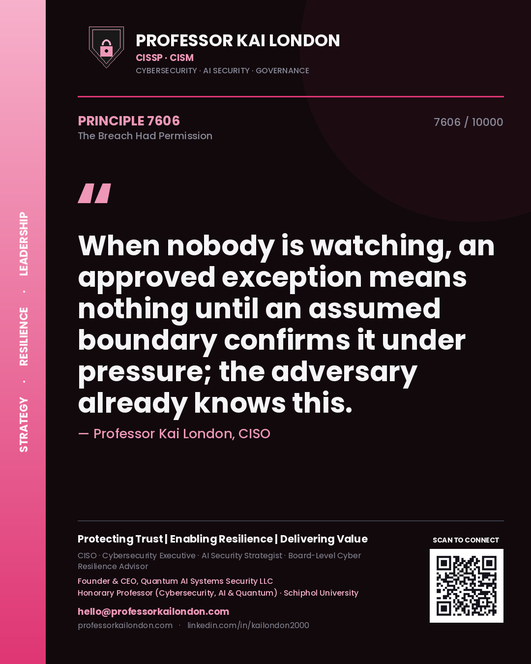 Quote card by Professor Kai London reading 'When nobody is watching, an approved exception means nothing until an assumed boundary confirms it under pressure; the adversary already knows this.'. From the book The Breach Had Permission.