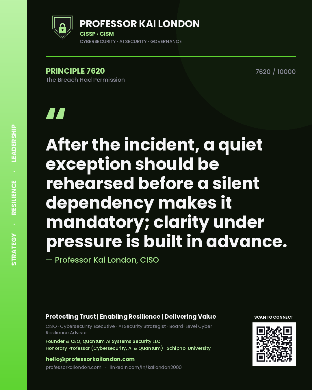 Quote card by Professor Kai London reading 'After the incident, a quiet exception should be rehearsed before a silent dependency makes it mandatory; clarity under pressure is built in advance.'. From the book The Breach Had Permission.
