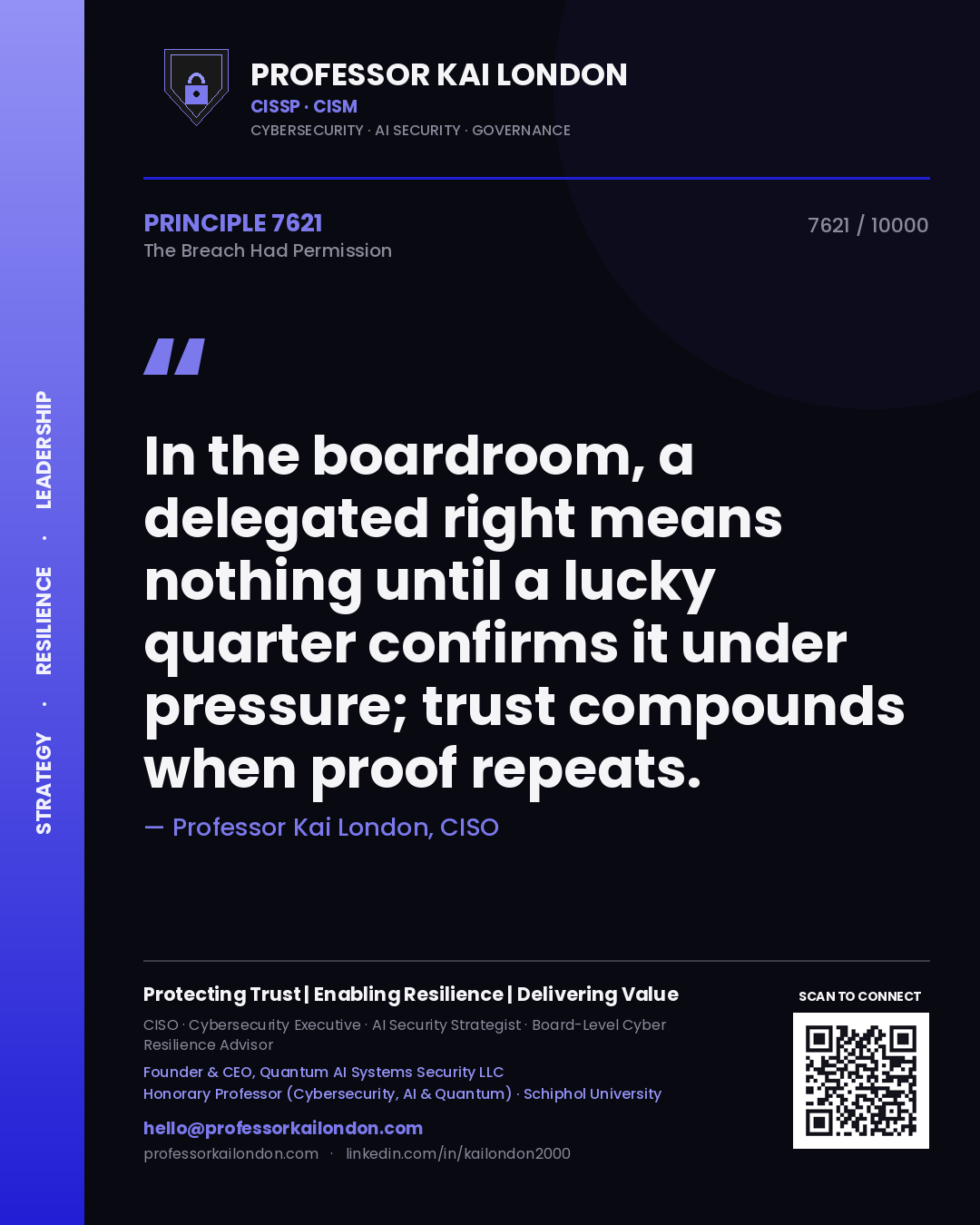 Quote card by Professor Kai London reading 'In the boardroom, a delegated right means nothing until a lucky quarter confirms it under pressure; trust compounds when proof repeats.'. From the book The Breach Had Permission.