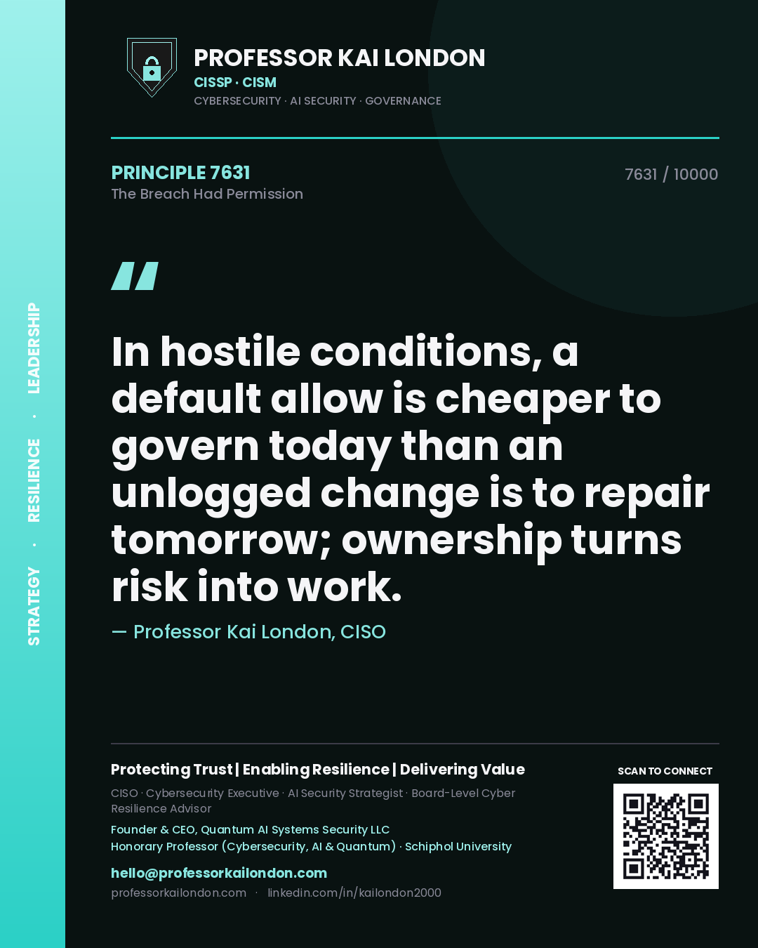 Quote card by Professor Kai London reading 'In hostile conditions, a default allow is cheaper to govern today than an unlogged change is to repair tomorrow; ownership turns risk into work.'. From the book The Breach Had Permission.