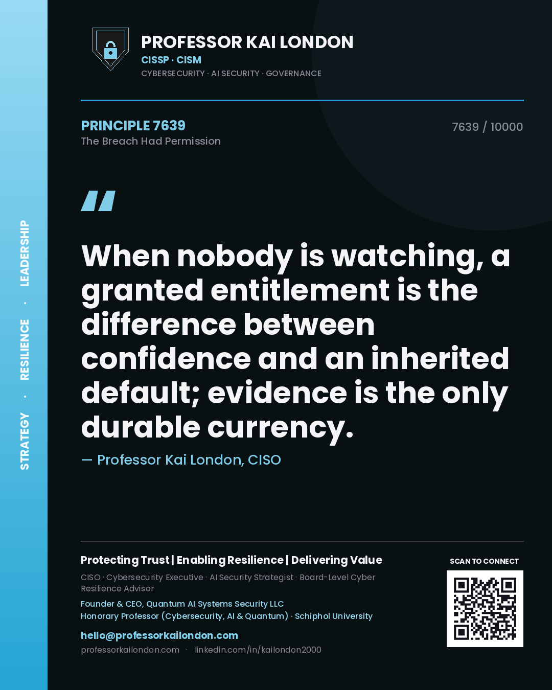 Quote card by Professor Kai London reading 'When nobody is watching, a granted entitlement is the difference between confidence and an inherited default; evidence is the only durable currency.'. From the book The Breach Had Permission.