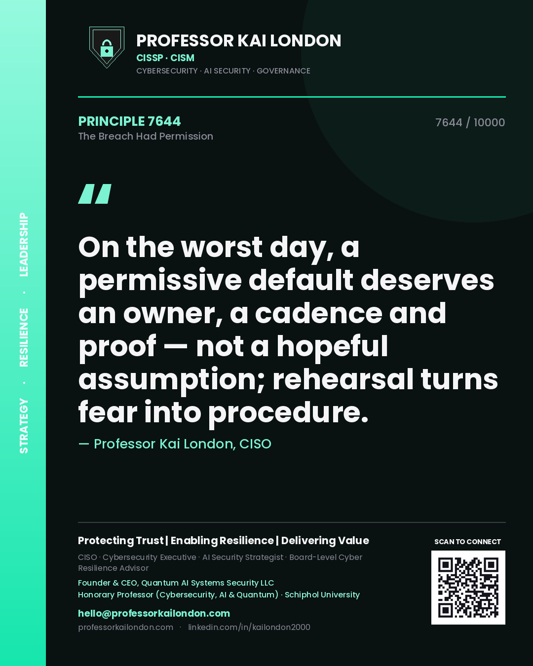 Quote card by Professor Kai London reading 'On the worst day, a permissive default deserves an owner, a cadence and proof — not a hopeful assumption; rehearsal turns fear into procedure.'. From the book The Breach Had Permission.