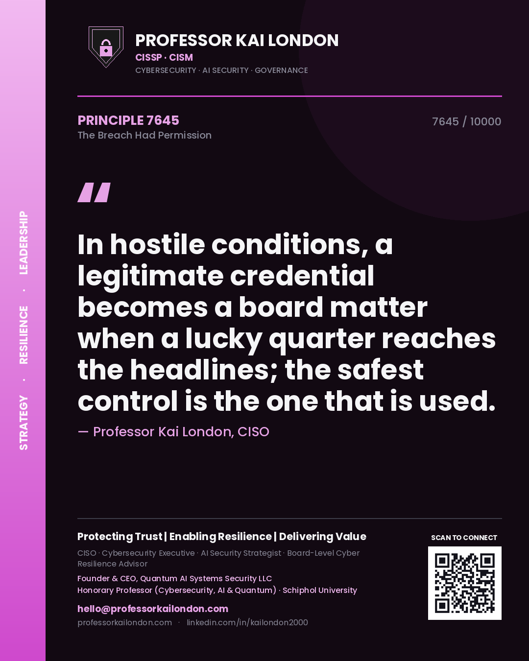 Quote card by Professor Kai London reading 'In hostile conditions, a legitimate credential becomes a board matter when a lucky quarter reaches the headlines; the safest control is the one that is used.'. From the book The Breach Had Permission.