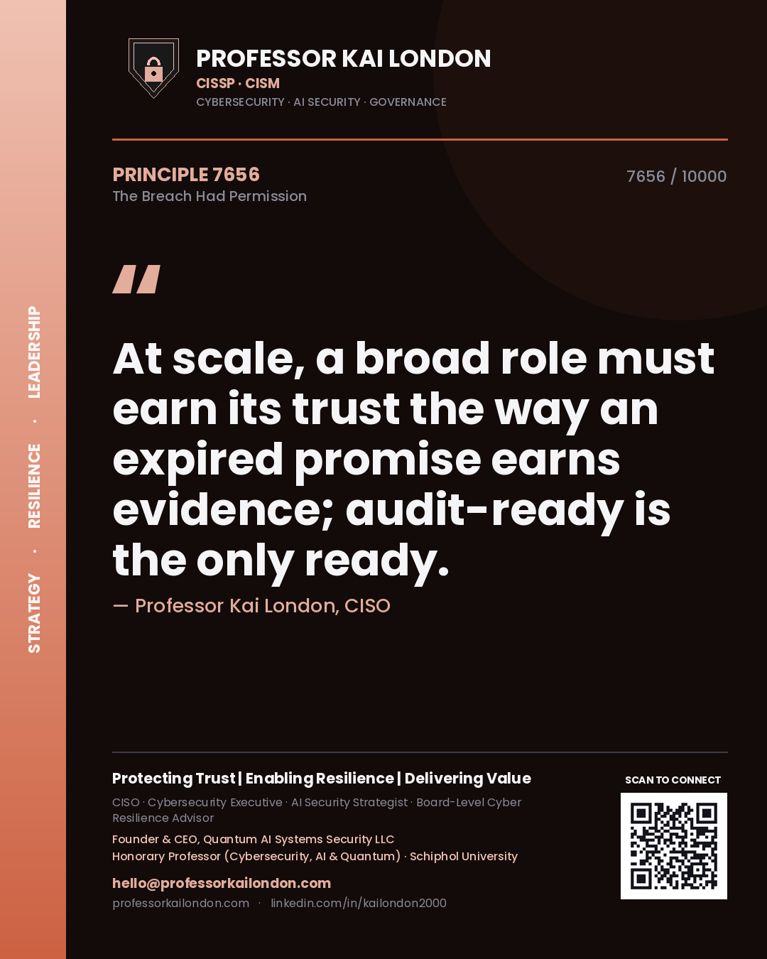 Quote card by Professor Kai London reading 'At scale, a broad role must earn its trust the way an expired promise earns evidence; audit-ready is the only ready.'. From the book The Breach Had Permission.