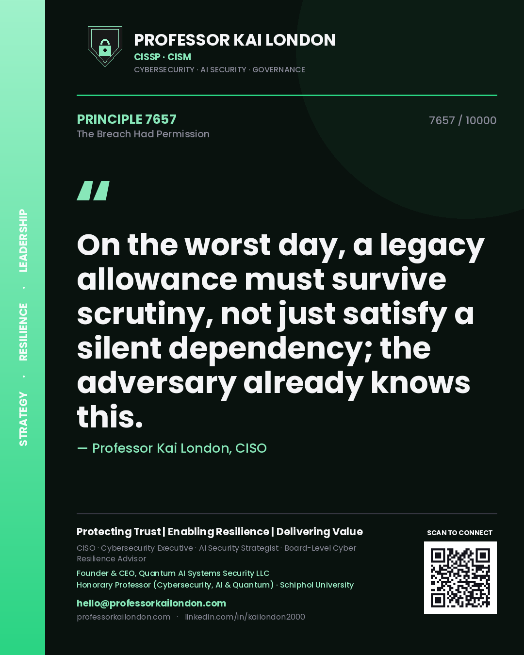 Quote card by Professor Kai London reading 'On the worst day, a legacy allowance must survive scrutiny, not just satisfy a silent dependency; the adversary already knows this.'. From the book The Breach Had Permission.