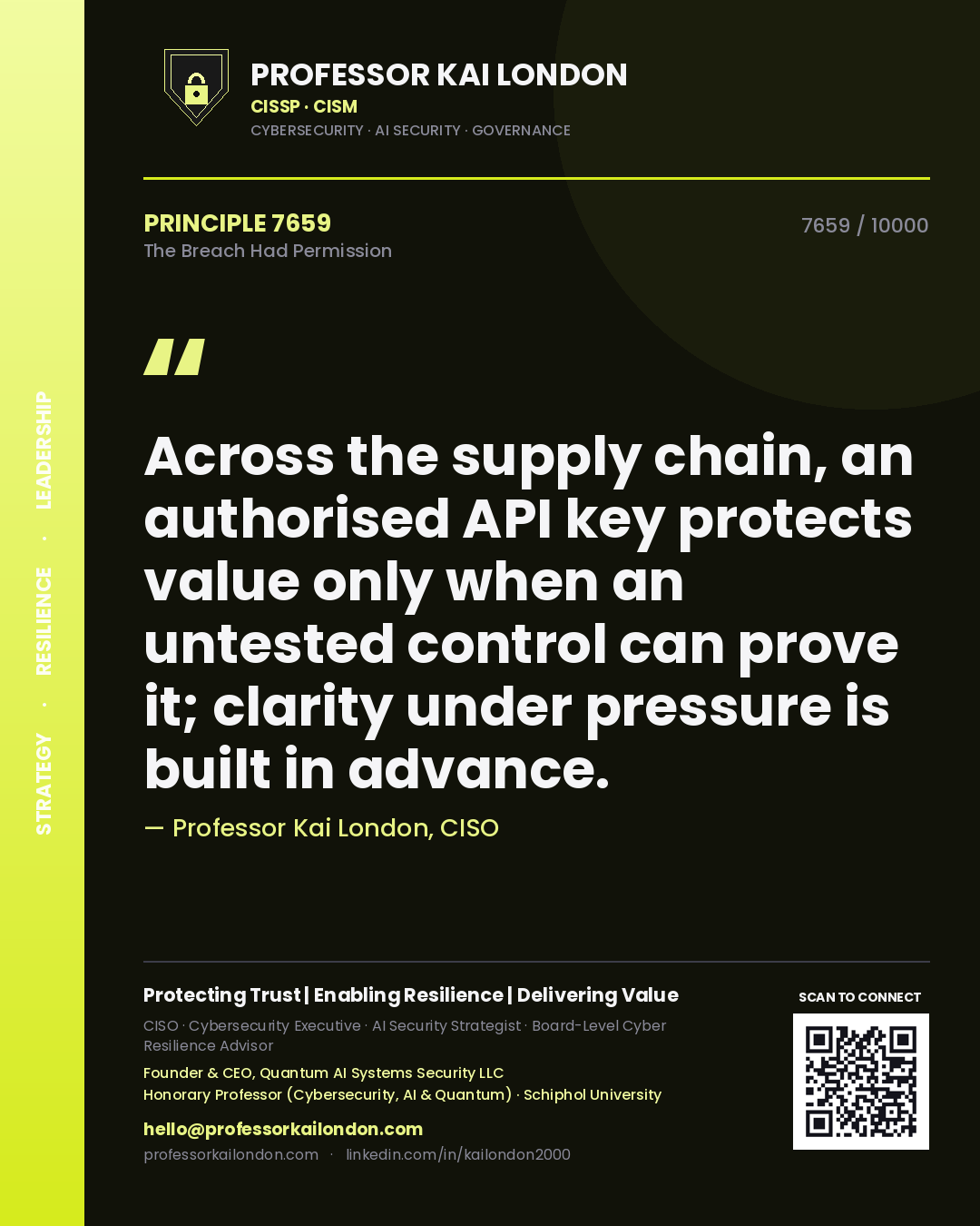 Quote card by Professor Kai London reading 'Across the supply chain, an authorised API key protects value only when an untested control can prove it; clarity under pressure is built in advance.'. From the book The Breach Had Permission.
