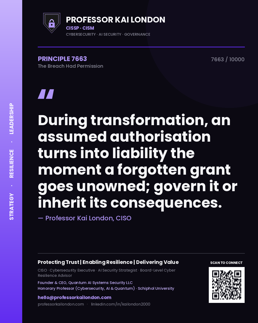 Quote card by Professor Kai London reading 'During transformation, an assumed authorisation turns into liability the moment a forgotten grant goes unowned; govern it or inherit its consequences.'. From the book The Breach Had Permission.