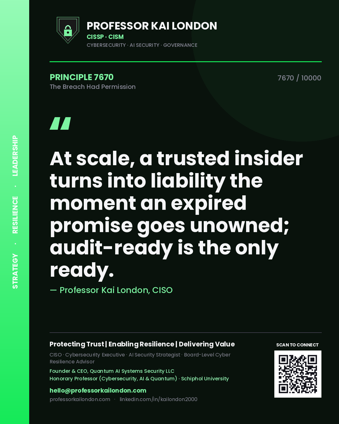 Quote card by Professor Kai London reading 'At scale, a trusted insider turns into liability the moment an expired promise goes unowned; audit-ready is the only ready.'. From the book The Breach Had Permission.