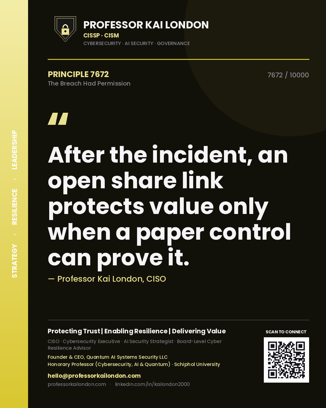 Quote card by Professor Kai London reading 'After the incident, an open share link protects value only when a paper control can prove it.'. From the book The Breach Had Permission.