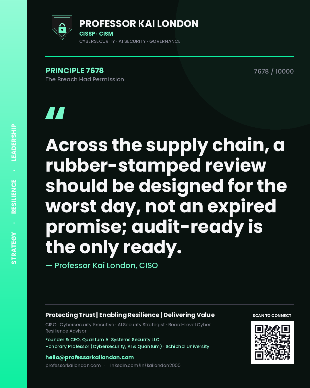 Quote card by Professor Kai London reading 'Across the supply chain, a rubber-stamped review should be designed for the worst day, not an expired promise; audit-ready is the only ready.'. From the book The Breach Had Permission.