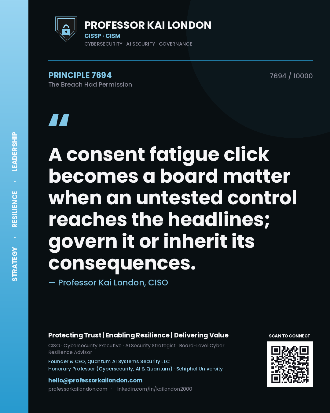Quote card by Professor Kai London reading 'A consent fatigue click becomes a board matter when an untested control reaches the headlines; govern it or inherit its consequences.'. From the book The Breach Had Permission.
