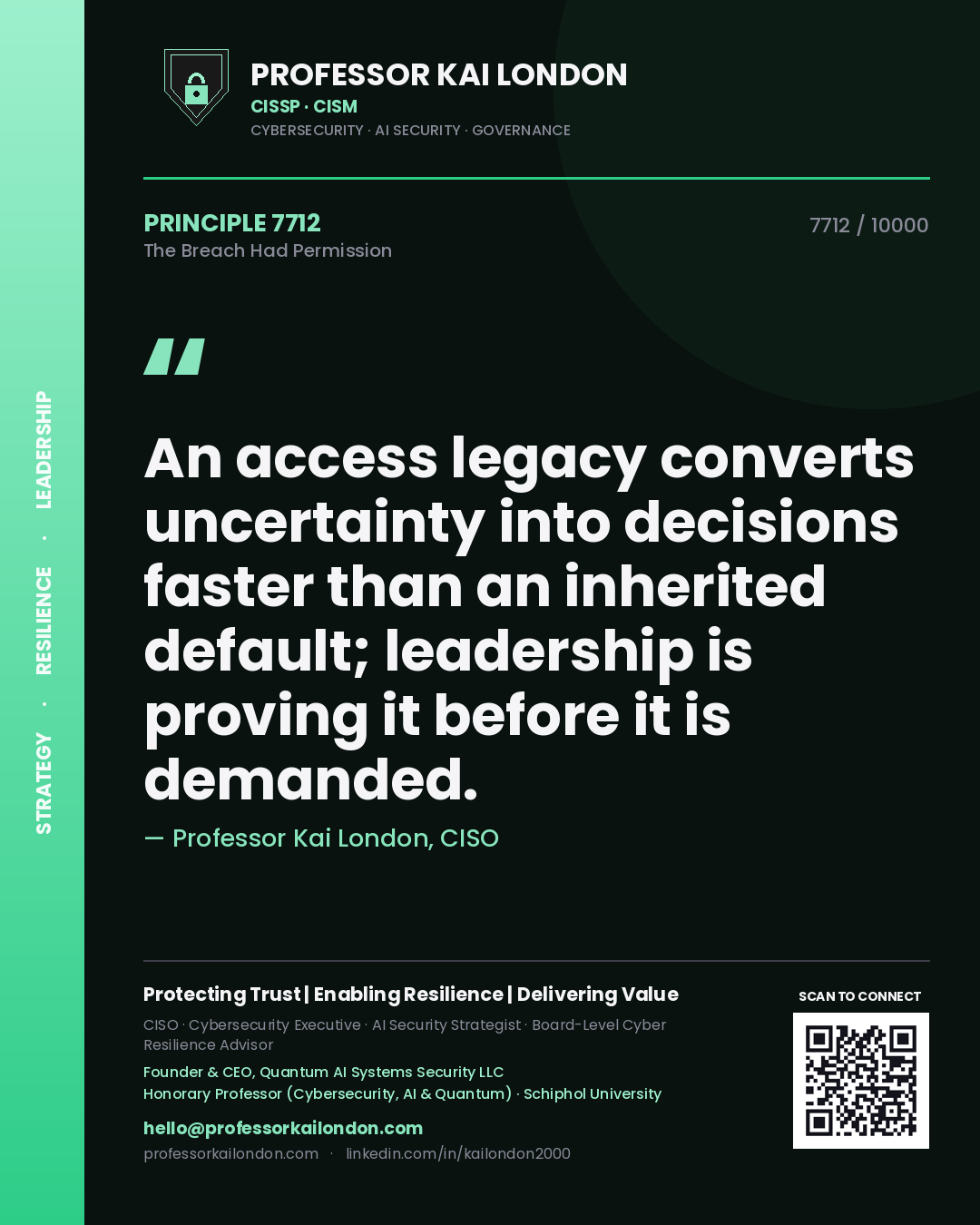 Quote card by Professor Kai London reading 'An access legacy converts uncertainty into decisions faster than an inherited default; leadership is proving it before it is demanded.'. From the book The Breach Had Permission.