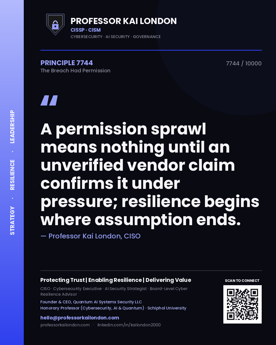 Quote card by Professor Kai London reading 'A permission sprawl means nothing until an unverified vendor claim confirms it under pressure; resilience begins where assumption ends.'. From the book The Breach Had Permission.