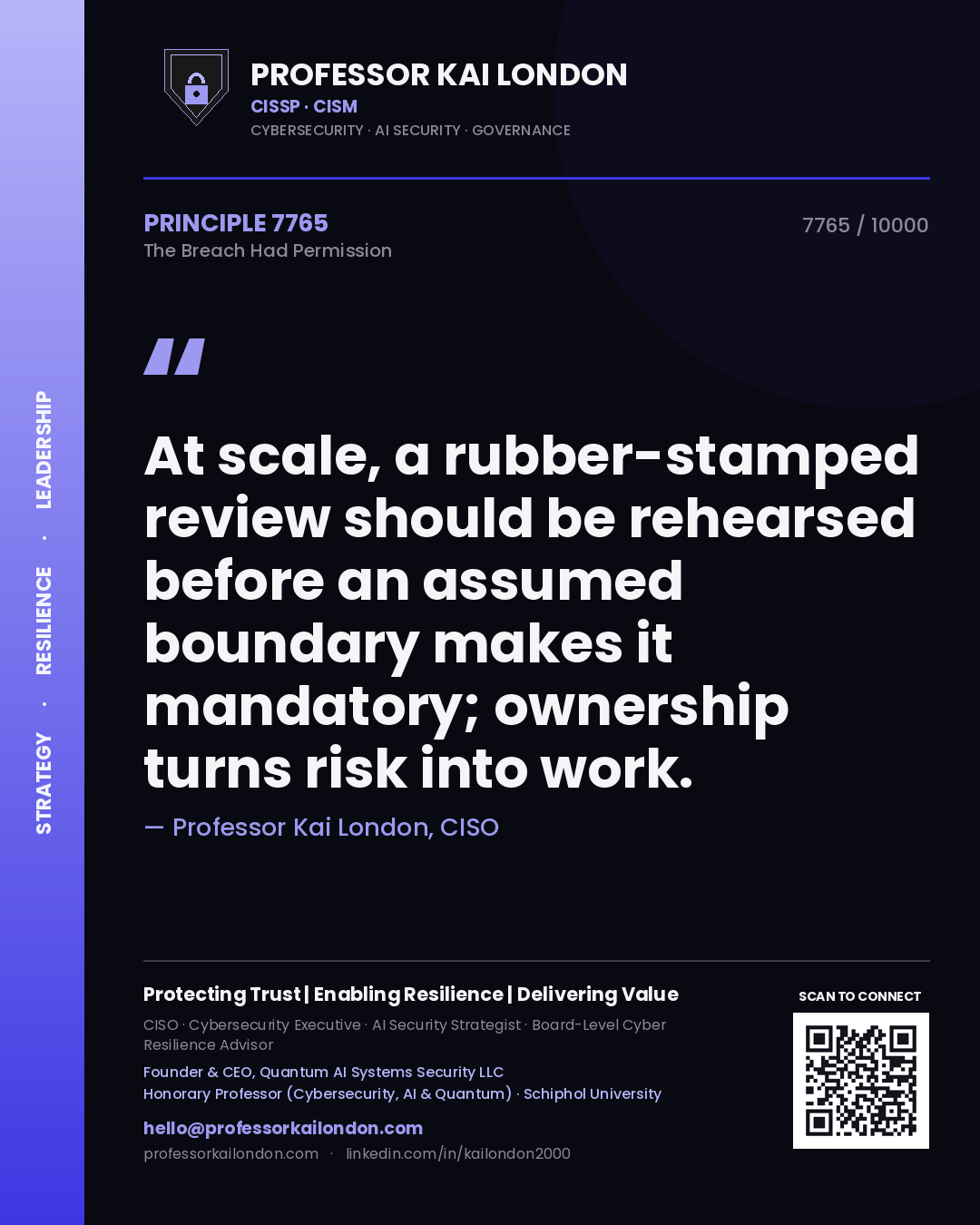 Quote card by Professor Kai London reading 'At scale, a rubber-stamped review should be rehearsed before an assumed boundary makes it mandatory; ownership turns risk into work.'. From the book The Breach Had Permission.